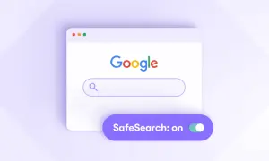 Interfaz de Google con barra de búsqueda y el interruptor de safesearch configuración activado.