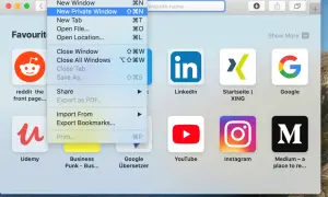 Ajustes Safari: menú "Archivo" con la opción "Nueva ventana privada" resaltada.
