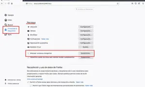 Configuración de Firefox: la opción "Bloquear ventanas emergentes" está marcada, lo que significa que el navegador está configurado para impedir su aparición.