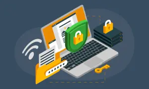 Un portátil con un escudo de seguridad, un candado, un archivo con asteriscos y una llave. Representa la seguridad en la navegación web.
