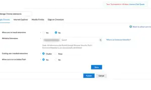 Configuración para desactivar extensiones de Chrome. Permite o deniega la instalación y gestiona las extensiones existentes.
