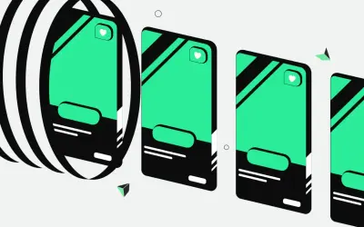 Ilustración abstracta con tarjetas digitales y un círculo rayado, ideal para aprender como crear un NFT.