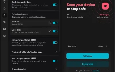 Interfaz de antivirus con opciones de escaneo y protección contra ransomware. Escanea tu dispositivo para evitar el pup virus.