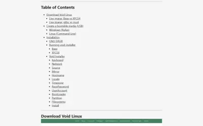 Tabla de contenidos para instalar Void Linux, incluyendo descargas, imágenes live, y configuración.