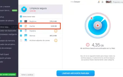 Interfaz de Mackeeper mostrando la opción "Cachés" seleccionada para limpiar 3,26 GB de datos en tu Mac.