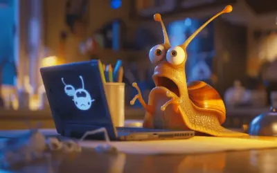 Caracol sorprendido ante su **pc lento**, con una cara de espanto y un mensaje de error en la pantalla.