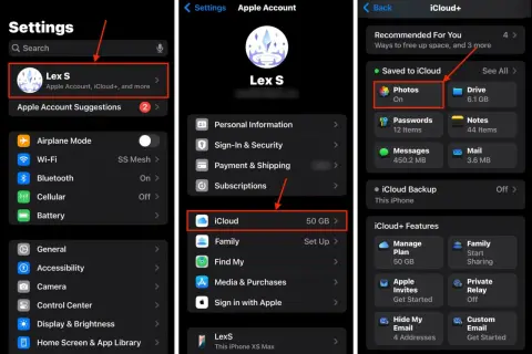 Captura de pantalla de iPhone mostrando cómo limpiar iPhone de archivos basura, navegando por Ajustes, Cuenta Apple, iCloud y opciones de almacenamiento.