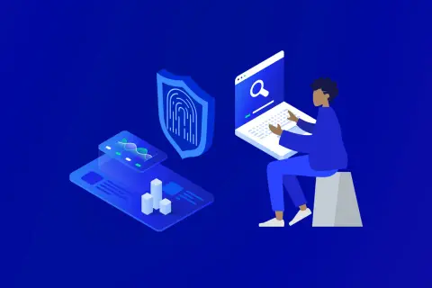 Persona usa laptop para buscar y protegerse de un gusano virus. Escudo con huella digital y gráficos de datos.