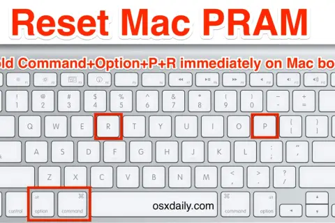 Teclado Mac mostrando cómo resetear PRAM: mantén pulsadas las teclas Command, Option, P y R al arrancar.