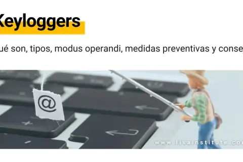 Un pescador en miniatura con un anzuelo sobre un teclado, con un símbolo de arroba colgando. Aprende sobre keyloggers como evitarlo.