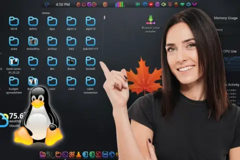 Mujer sonríe junto a un escritorio de Linux con carpetas, el pingüino Tux y gráficos de uso de CPU. Se habla de variables de entorno.