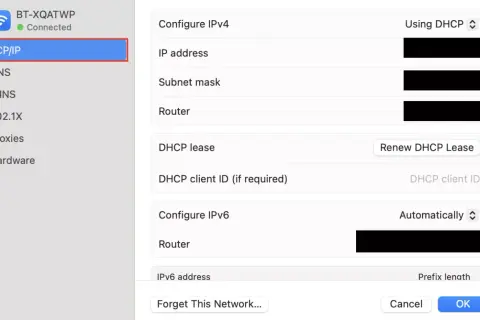 Configuración TCP/IP en Mac, mostrando detalles de IP, máscara de subred y router.