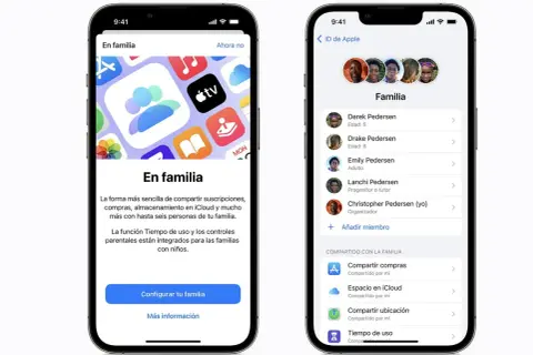 Configura tu **icloud familiar** para compartir suscripciones, compras y almacenamiento. Gestiona hasta seis miembros y usa controles parentales.