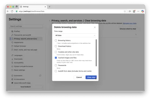 Ventana de configuración de Microsoft Edge para borrar datos de navegación. Se muestra la opción "Borrar ahora" para eliminar la caché, lo que significa borrar cache.