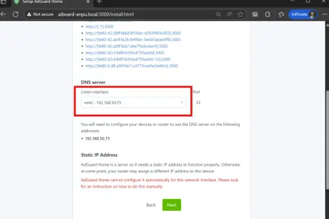 Configuración de AdGuard Home: interfaz de escucha eth0 con IP 192.168.50.73.