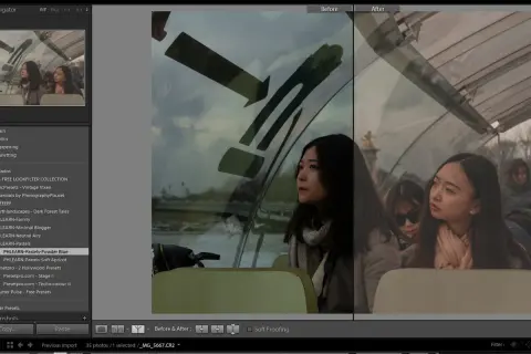 Dos mujeres asiáticas en un barco, comparando el antes y el después de aplicar presets lightroom.
