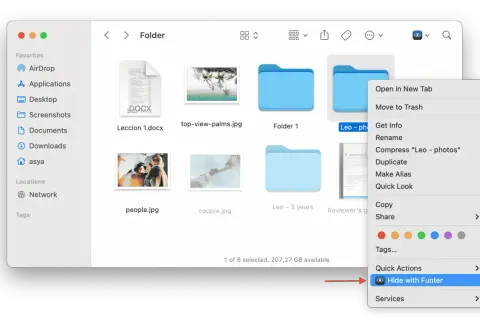 Opción "Hide with Funter" para ver archivos ocultos en Mac.