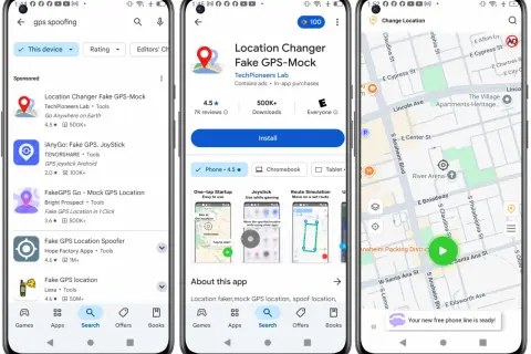 Busca apps para cambiar ubicación iPhone. Muestra la tienda de aplicaciones con resultados de búsqueda de "gps spoofing" y la página de una app para falsificar la ubicación.