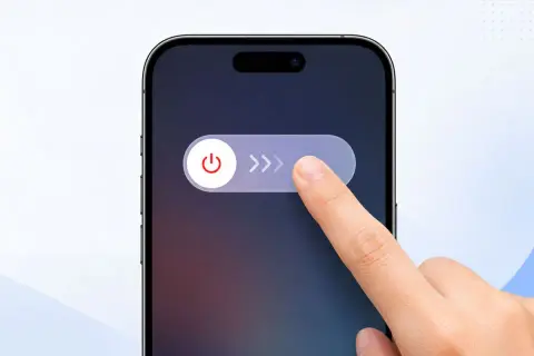 Dedo deslizando el botón de apagado en un iPhone. Aprende como quitar botón flotante iPhone para apagarlo.