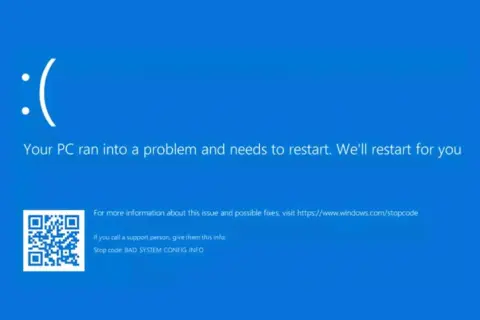 Pantalla azul de Windows con un :( y mensaje "Your PC ran into a problem and needs to restart". Indica la necesidad de reiniciar Windows.