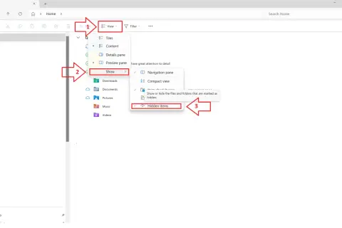 Para ver carpetas ocultas en Windows 11, ve a "Ver", luego a "Mostrar" y selecciona "Elementos ocultos".