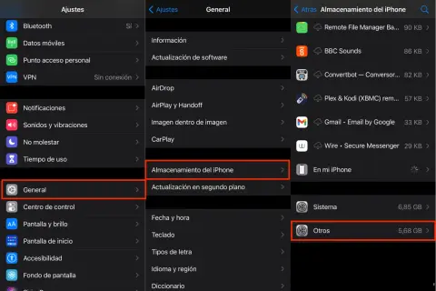 Captura de pantalla de Ajustes del iPhone, mostrando "General" y "Almacenamiento del iPhone", donde se gestionan documentos y datos.