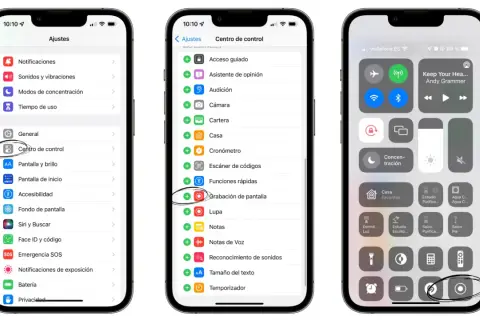 Captura de pantalla de un iPhone mostrando cómo activar la grabación de pantalla en el Centro de control.