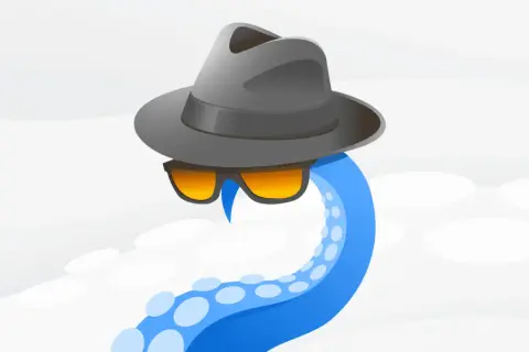 Tentáculo azul con sombrero y gafas de sol, listo para la navegación anónima.