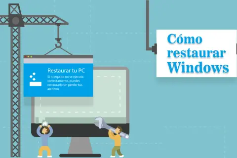 Ilustración de cómo restaurar sistema Windows 10 desde BIOS. Un PC en construcción con una grúa y herramientas.