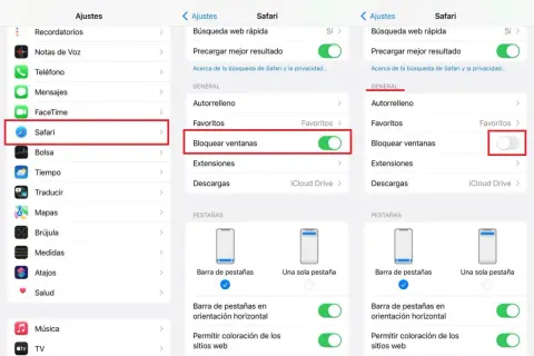 Ajustes de Safari en iPhone: se muestra cómo activar o desactivar el bloqueo de ventanas emergentes.