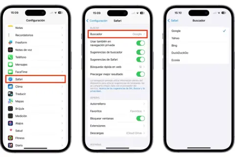 Configuración de Safari en iPhone. Se muestra cómo cambiar el buscador predeterminado, con Google seleccionado.