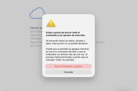 Ventana emergente advierte sobre borrar todo el contenido y ajustes de este Mac. Opción para borrar o cancelar.