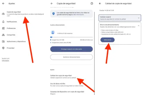Ajustes de Google Fotos para comprimir fotos y ahorrar espacio. Selecciona "Ahorro de almacenamiento" para una calidad ligeramente menor.