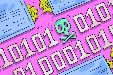 Calavera y tibias cruzadas sobre código binario, representando el peligro del pup malware. Engranajes amarillos sugieren un sistema comprometido.
