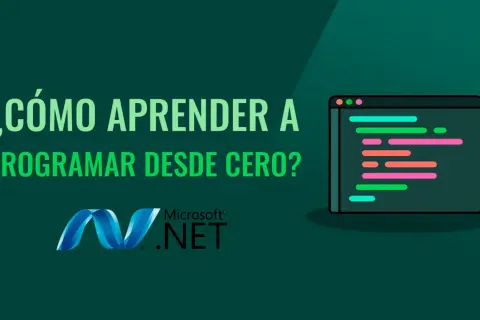 ¿Cómo aprender a programar desde cero gratis? Un código colorido en una ventana de programa y el logo de .NET.