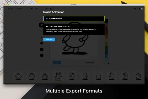 Ventana de exportación de Brush Ninja, mostrando opciones para GIF animado y GIF animado para Twitter.