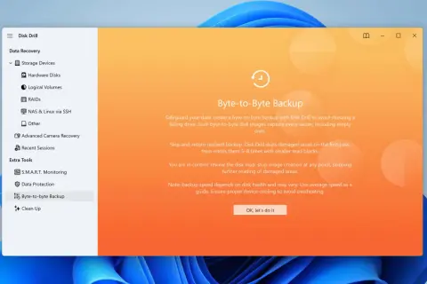 La aplicación Disk Drill muestra la opción "Byte-to-Byte Backup", ideal para restaurar sistema si está restaurando el registro o para crear copias de seguridad completas.