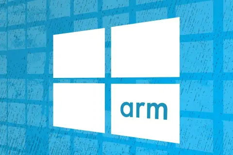 El logo de Windows se superpone a un fondo azul texturizado, con la palabra "arm" en una de las ventanas.