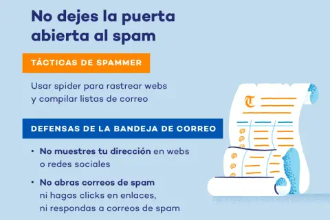 No dejes la puerta abierta al spam. Tácticas de spammer: usar spider para rastrear webs. Defensas: no muestres tu dirección, no abras correos de spam.