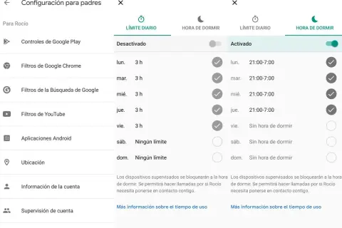 Configuración de HORA DE DORMIR para Rocío, activada de 21:00 a 7:00 de lunes a jueves. Código acceso parental Family Link.