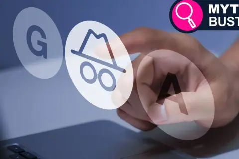 Mano interactúa con burbujas que forman "G", el icono del modo incógnito y "A". ¿Qué es el modo incógnito?