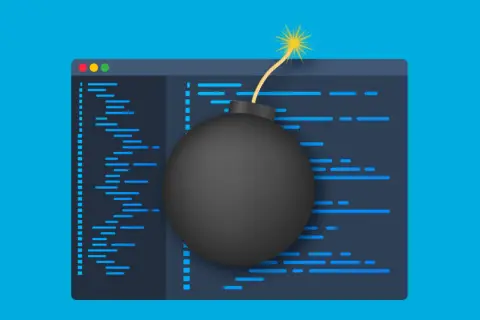 Una bomba negra con mecha encendida sobre un código de programación, simbolizando las bombas lógicas en el desarrollo de software.
