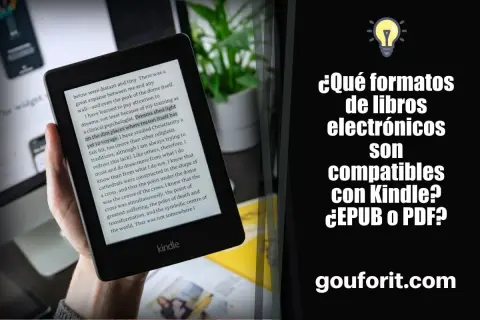 Mano sosteniendo un dispositivo **formato Kindle** con texto. Pregunta: "¿Qué formatos de libros electrónicos son compatibles con Kindle? ¿EPUB o PDF?".