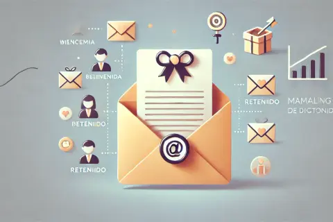 Un sobre abierto con un documento y un lazo negro. Iconos de correos y personas sugieren un flujo de comunicación, quizás un correo importante.