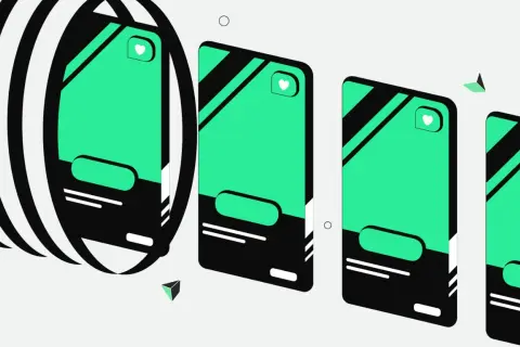 Ilustración abstracta con tarjetas digitales y un círculo rayado, ideal para aprender como crear un NFT.