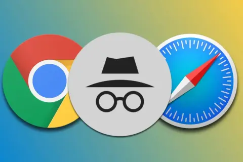 Icono de modo incógnito de Google entre los logos de Chrome y Safari. Navega sin dejar rastro.