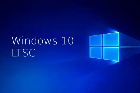 Logo de Windows 10 LTSC sobre fondo azul brillante.