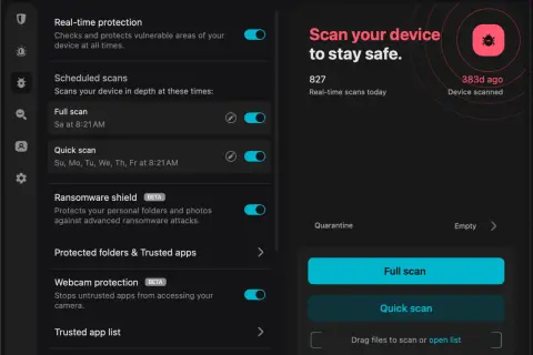 Interfaz de antivirus con opciones de escaneo y protección contra ransomware. Escanea tu dispositivo para evitar el pup virus.