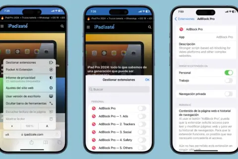 Tres pantallas de iPhone muestran cómo gestionar extensiones en Safari, incluyendo AdBlock Pro, para una experiencia de navegación más limpia.
