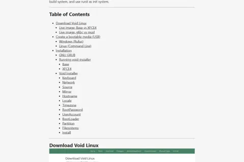 Tabla de contenidos para instalar Void Linux, incluyendo descargas, imágenes live, y configuración.